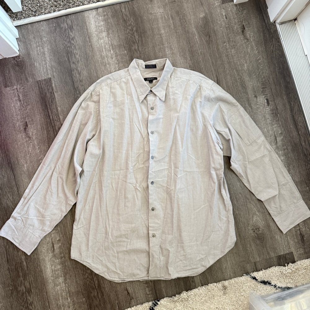 DKNY Mens XL Button Up Shirt Long‎ Sleeve Beige Dress Shirt Work Casual